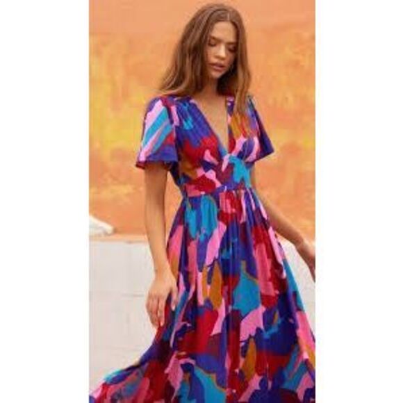 Mister zimi Zuri rayon colorful V-Neck midi dress balloon sleeve size 10 #720 - Picture 2 of 13